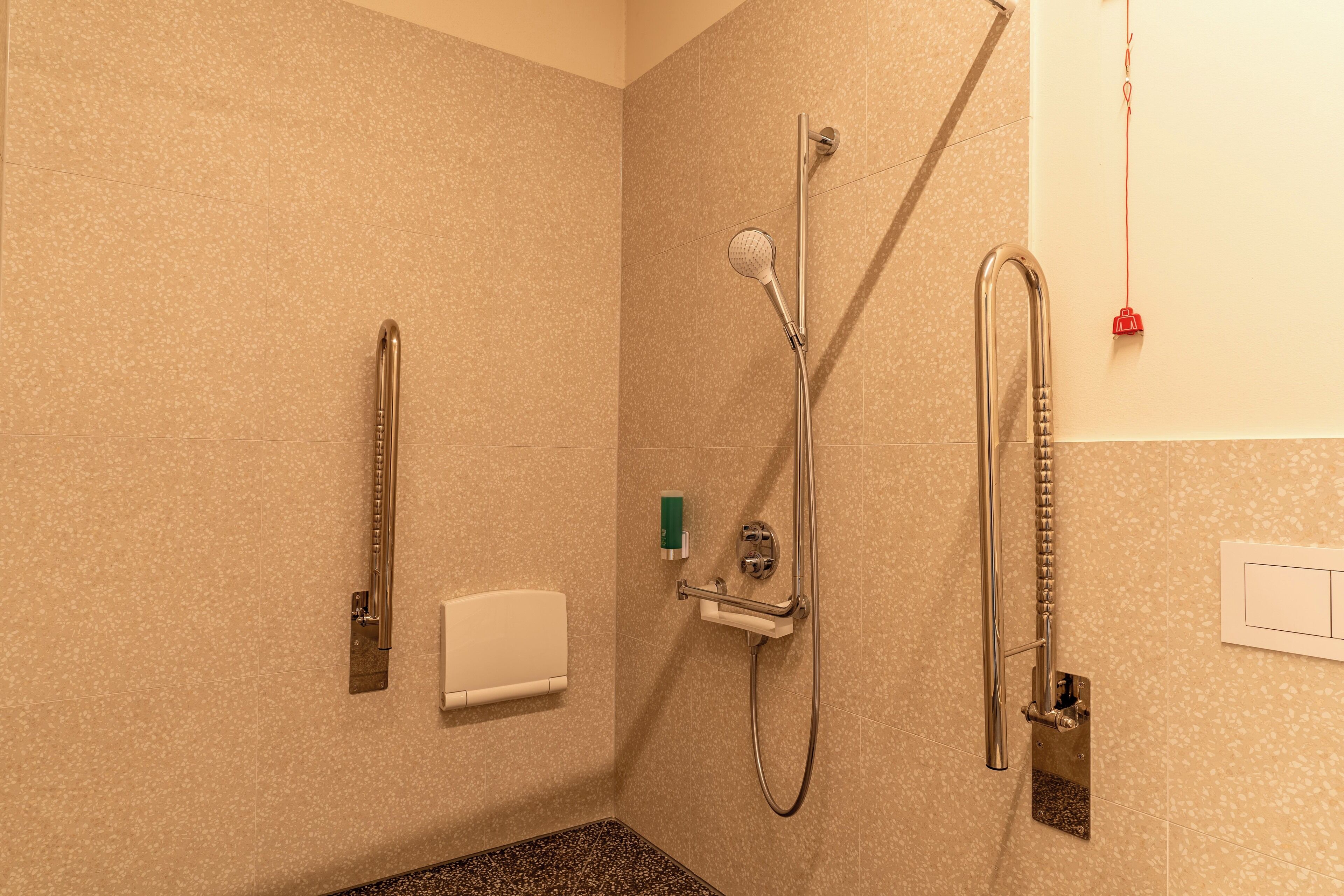 A modern bathroom with a shower, a handrail, a soap dispenser, and a towel rack.