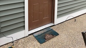 Une porte marron avec un panneau de verre, un paillasson et un luminaire fixé au mur.