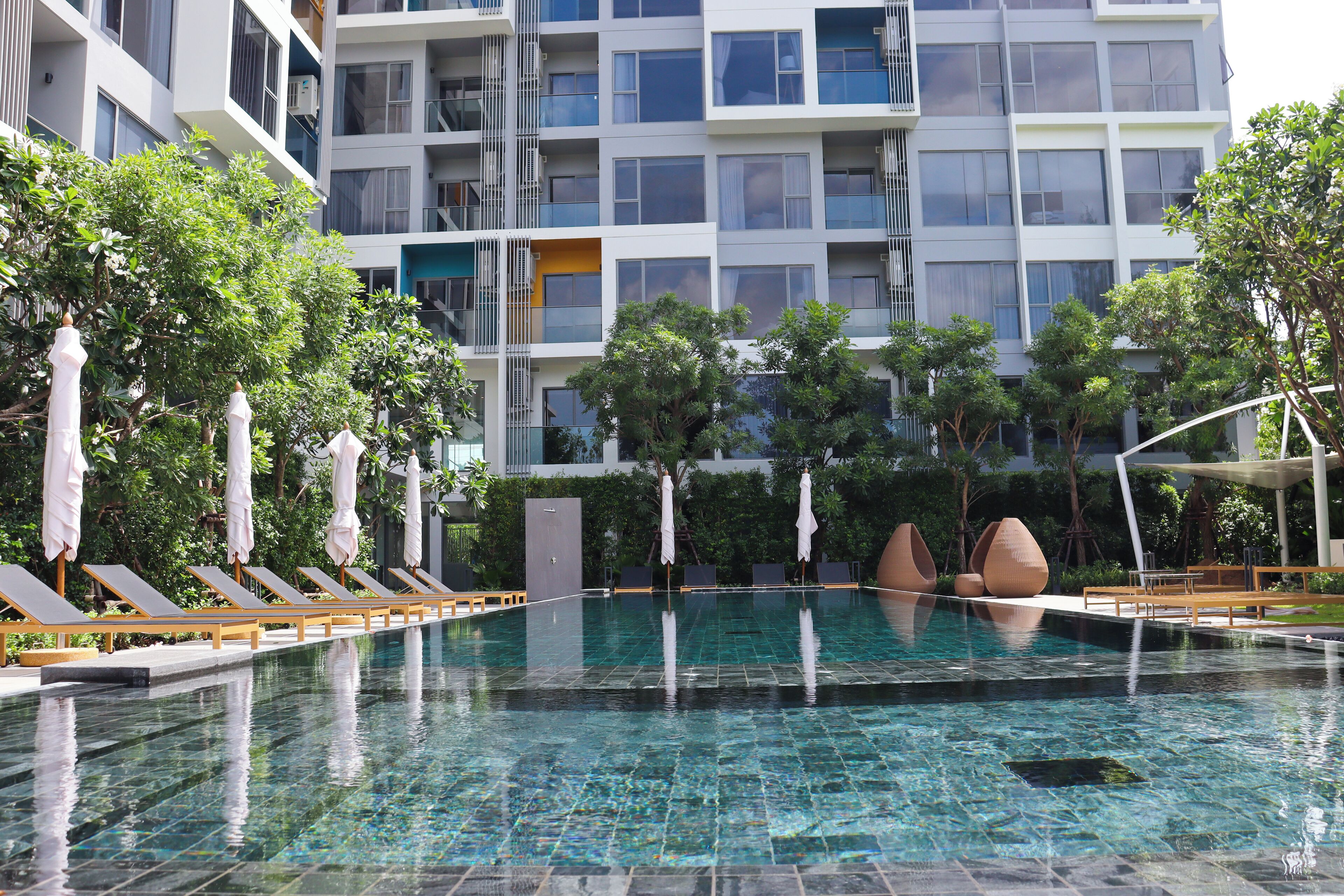 Outdoor pool, pool umbrellas, pool loungers