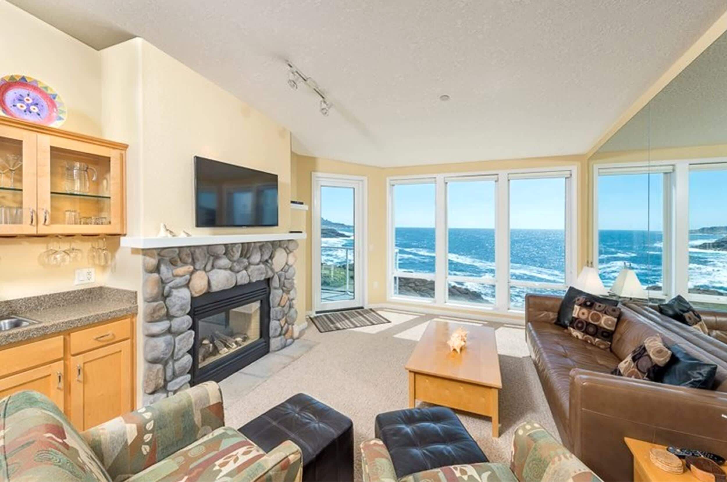 TV, fireplace, books, stereo