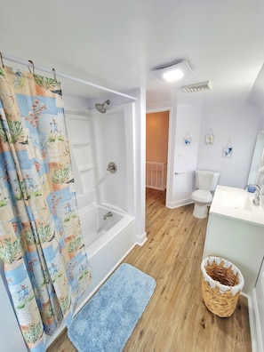 Hair dryer, towels, soap, shampoo