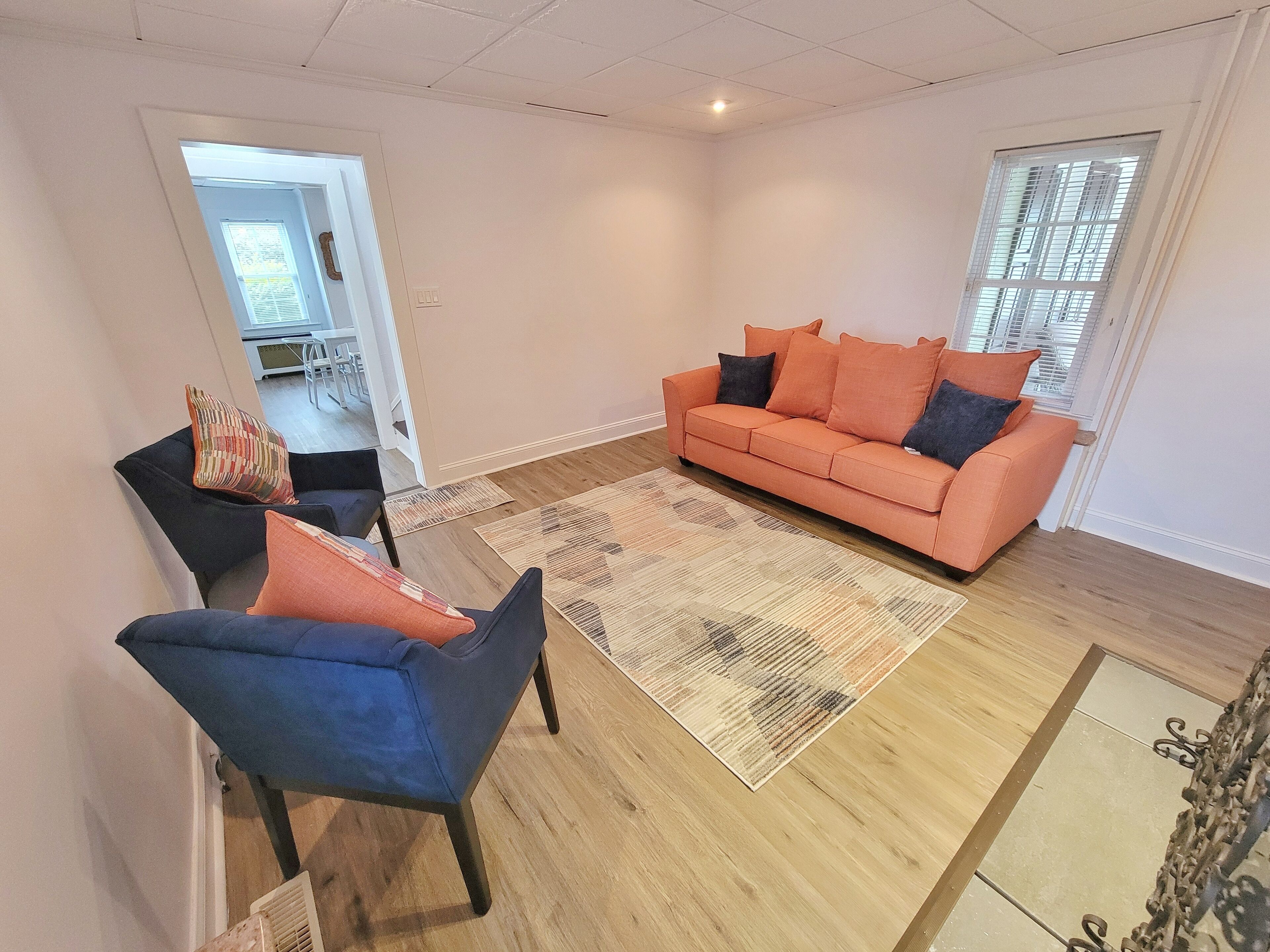A living room with a sofa, chairs, and a coffee table. There is a window with blinds, a door leading to another room, and a patterned rug on the floor.