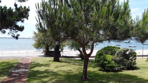 A tree-lined pathway leading to a body of water with boats. - Studio Accès Direct Plage (Arcachon)