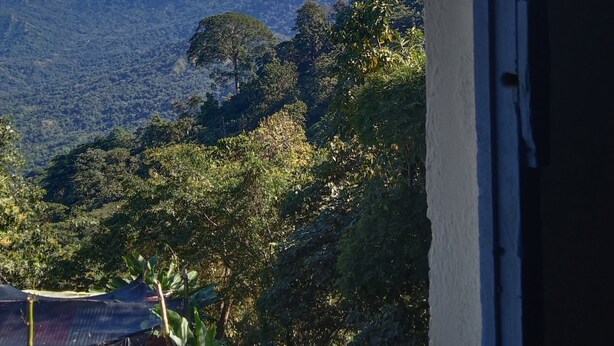 Vista a través de un umbral abierto de un paisaje montañoso con abundante vegetación y cielo despejado.