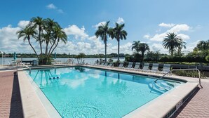 A rectangular swimming pool with clear blue water, surrounded by lounge chairs and palm trees.