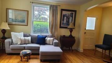 TV, fireplace, books