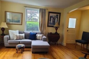 TV, fireplace, books