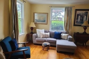 TV, fireplace, books