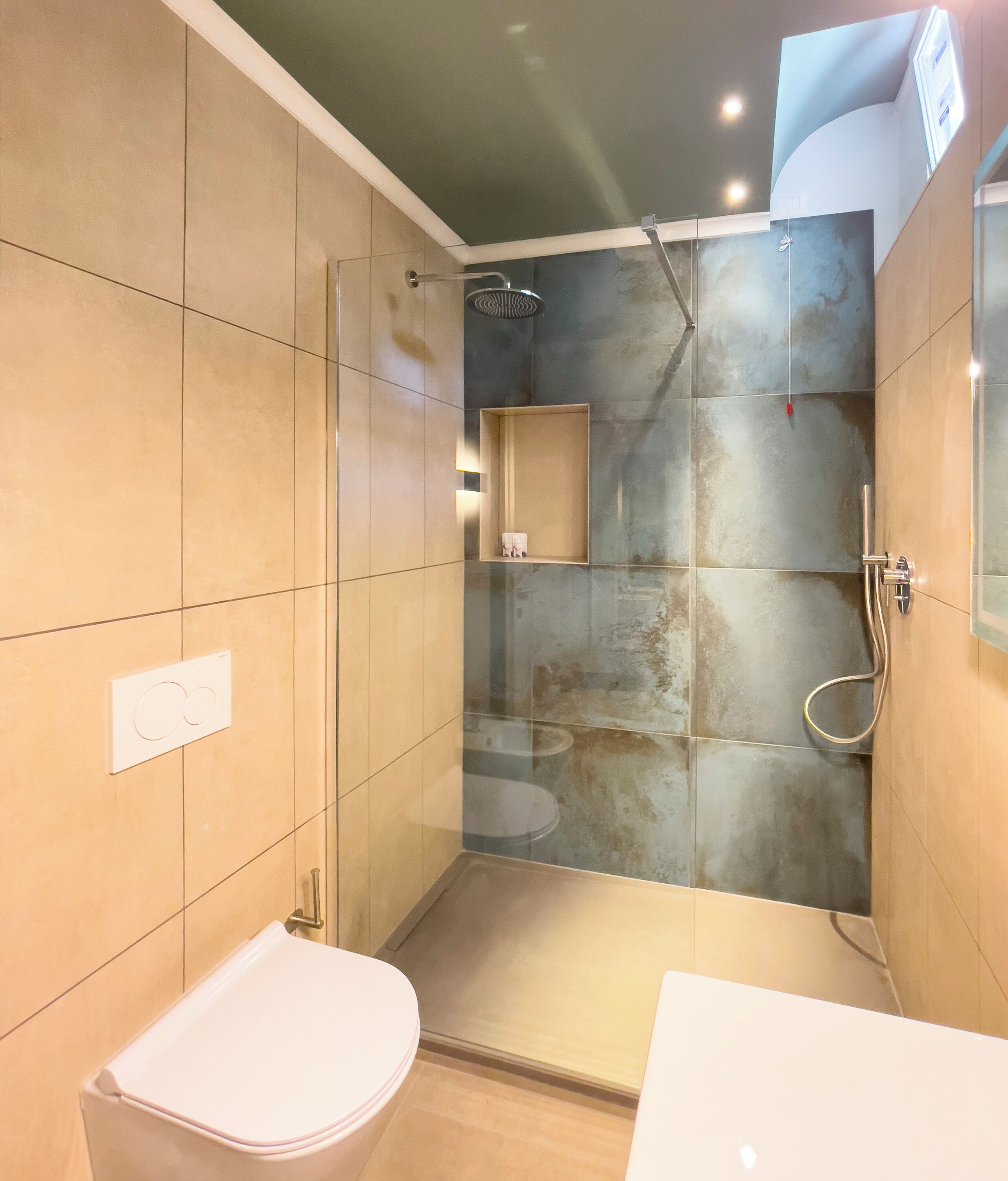 A modern bathroom with a glass shower enclosure, a toilet, and a sink.