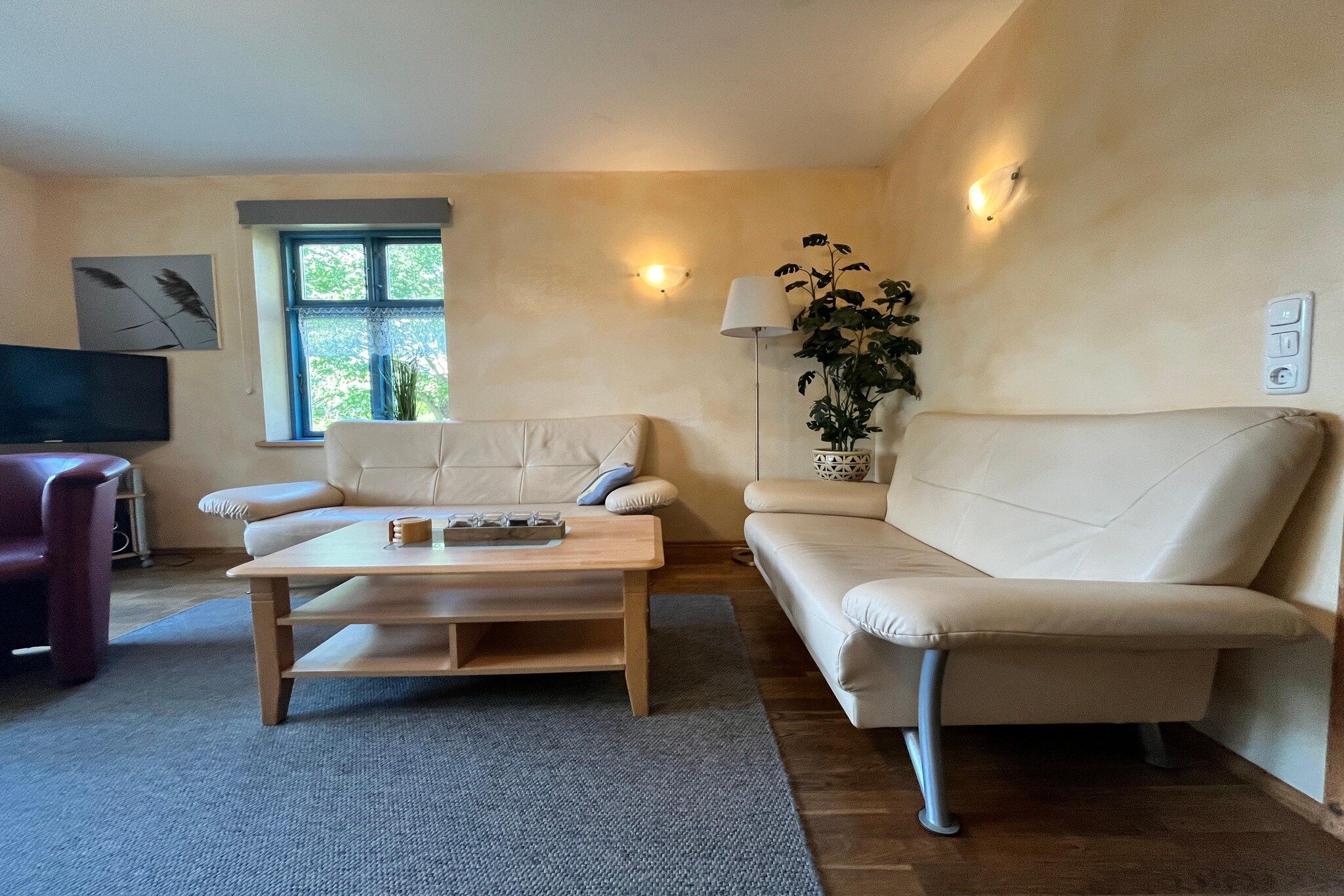 A living room with a sofa, a coffee table, a TV, and a window.