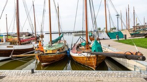 Un puerto deportivo con varias embarcaciones de madera amarradas, un paseo marítimo pavimentado y una vista distante de un puente.