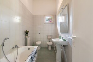 Chuveiro, secador de cabelo, toalhas de banho