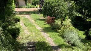 A garden with a gravel path, surrounded by various shrubs and trees. - A nature lover's paradise: walks and relaxation at the gîte (Chamelet)