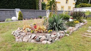 A garden with a variety of plants and a stone border.