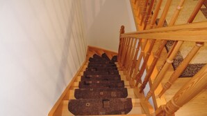 A wooden staircase with a handrail and carpeted steps.