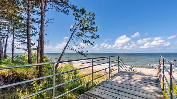 A wooden boardwalk leading to a beach with a railing, surrounded by trees and a clear sky. - Chalet in Wendorf (Wendorf)
