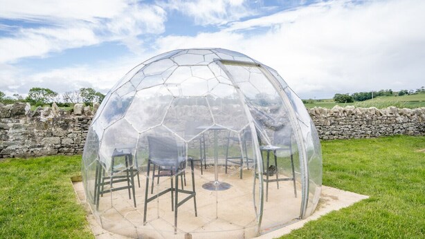 A transparent geodesic dome structure with chairs inside, set on a grassy field with a stone wall in the background.