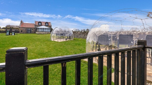 Un invernadero con cúpulas transparentes, un edificio de piedra con techo rojo y un parque infantil con toboganes.