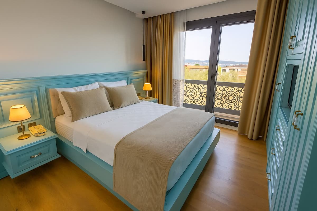 A hotel room with a bed, bedside table with a lamp, and a view of the outside balcony.