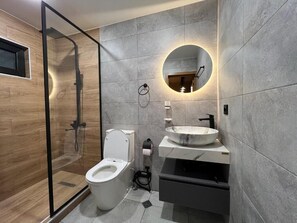 Regadera, secadora de cabello, bidet, toallas 