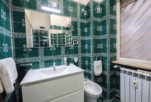 Hair dryer, bidet, towels, soap