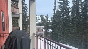 En balkon med grill under tag, en rød bygning og et sneklædt bjerg i baggrunden.