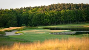Un campo de golf con un estanque, búnkeres de arena y un paisaje boscoso de fondo.