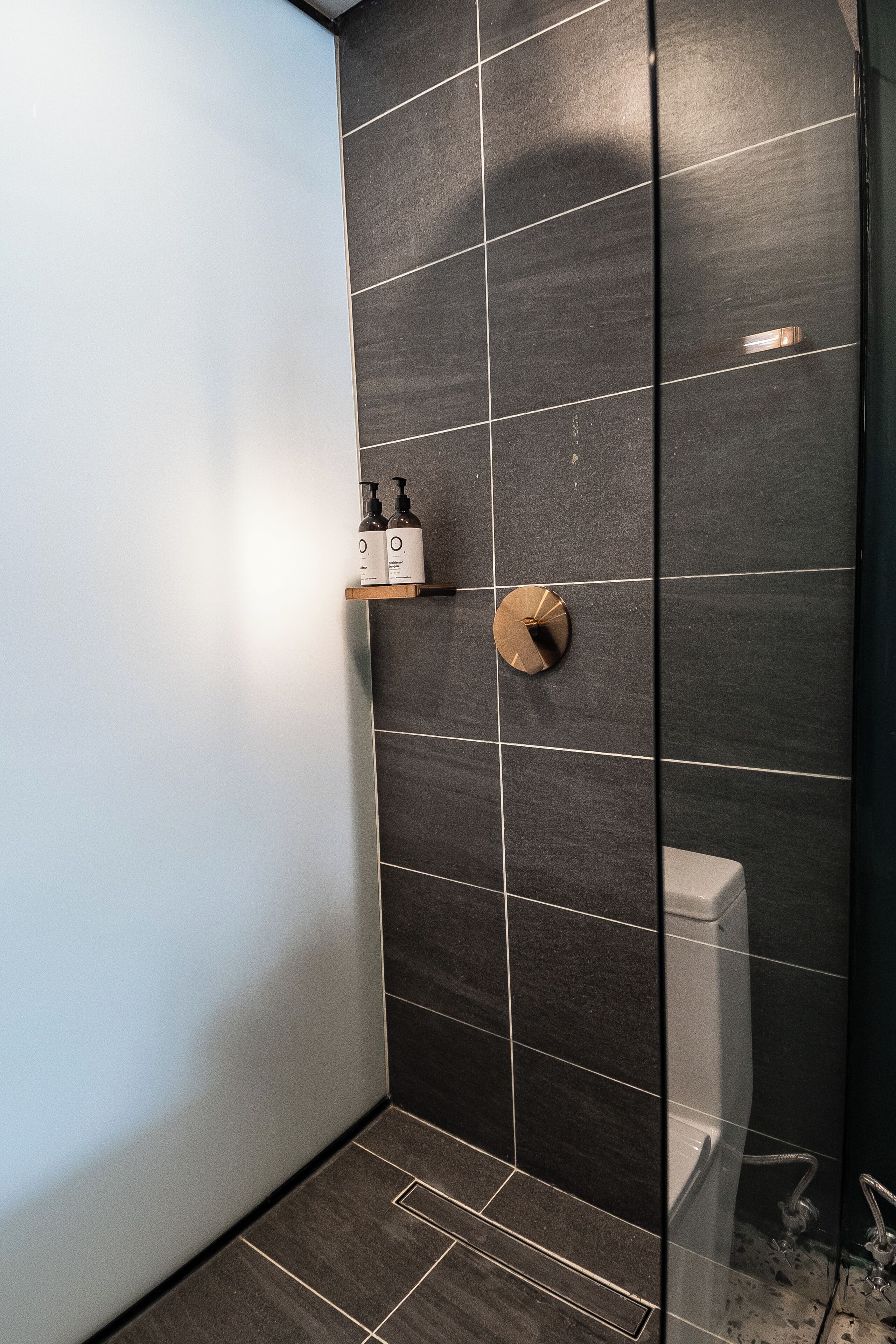 A modern bathroom with dark tiles, a glass shower enclosure, and a white toilet.