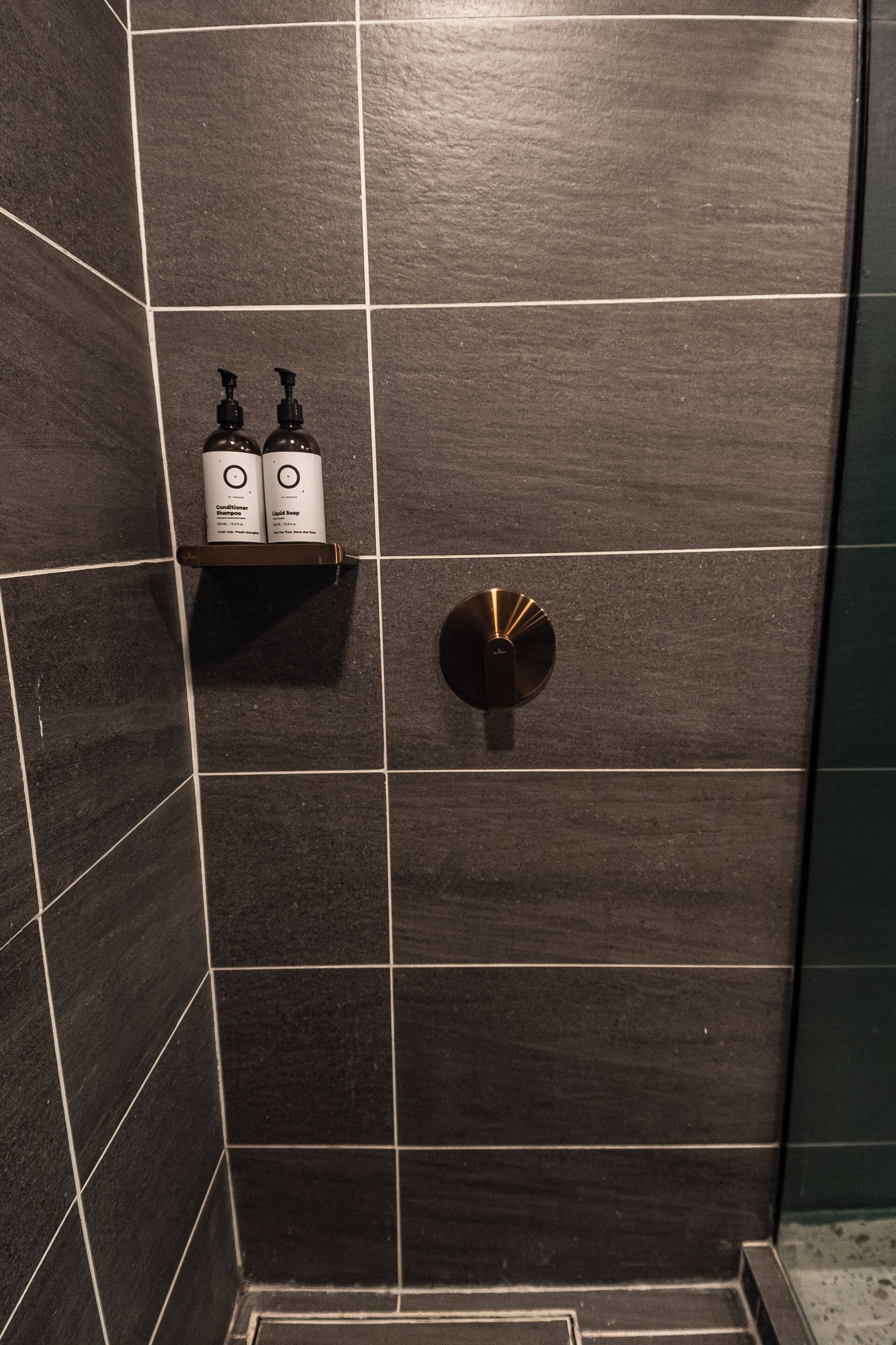 A bathroom with dark tiles, a shelf with two bottles, and a round object on the wall.