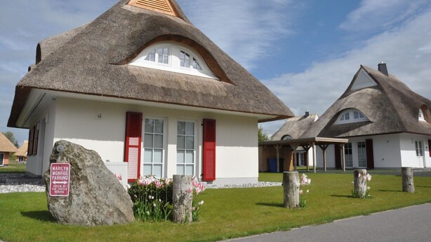 A thatched-roof house with a white facade and red shutters, a large rock, and pink flowers in the foreground. - Reetdachhaus am Bodden mit Sauna (Fuhlendorf)