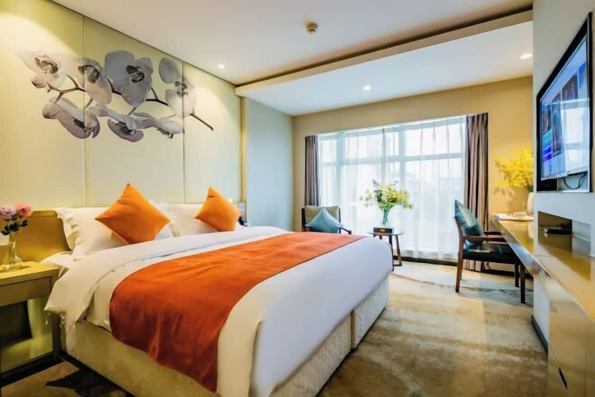 Une chambre d’hôtel avec un grand lit, un bureau, une télévision et une fenêtre avec des rideaux.