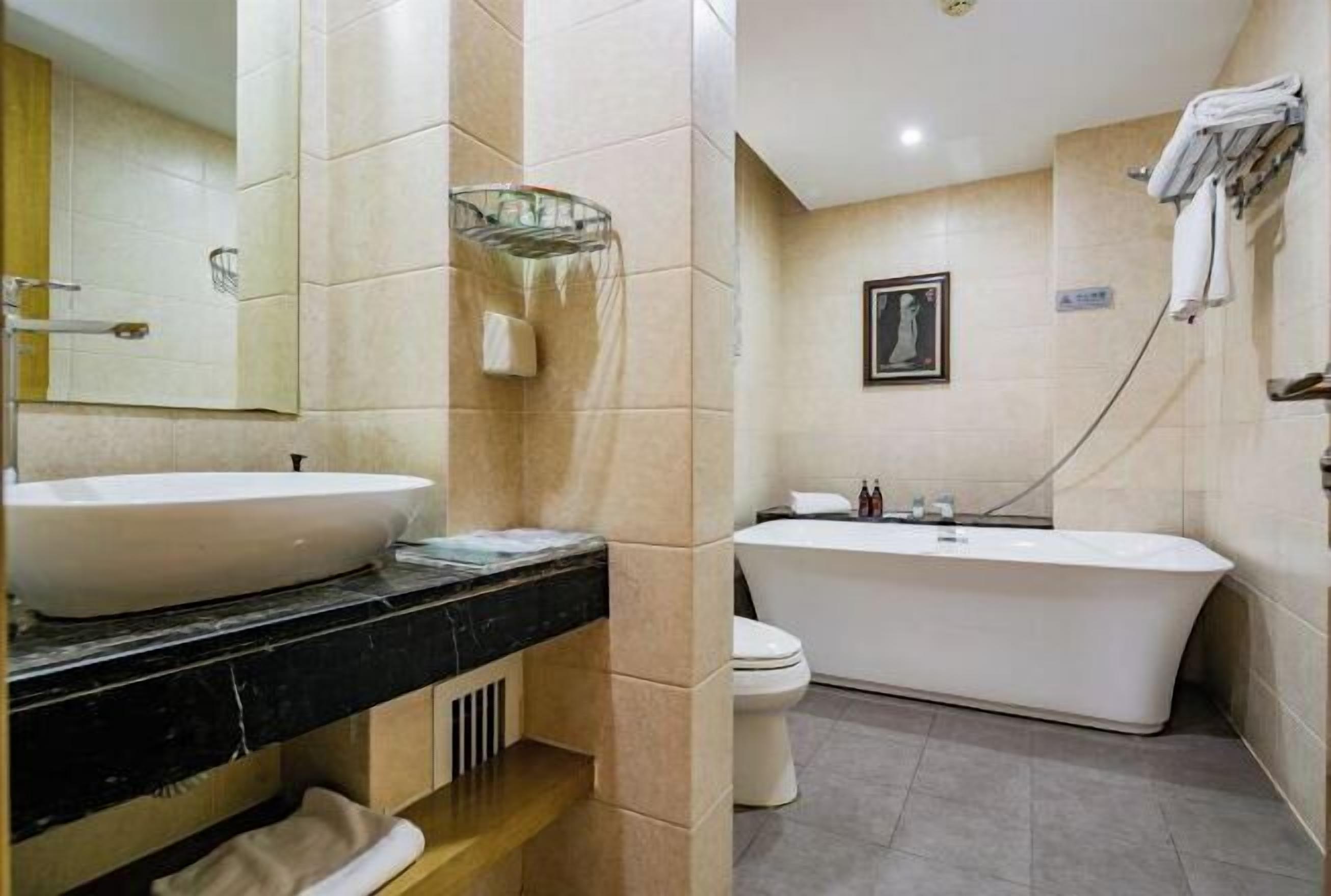 A modern bathroom with a large sink, a bathtub, and a toilet.
