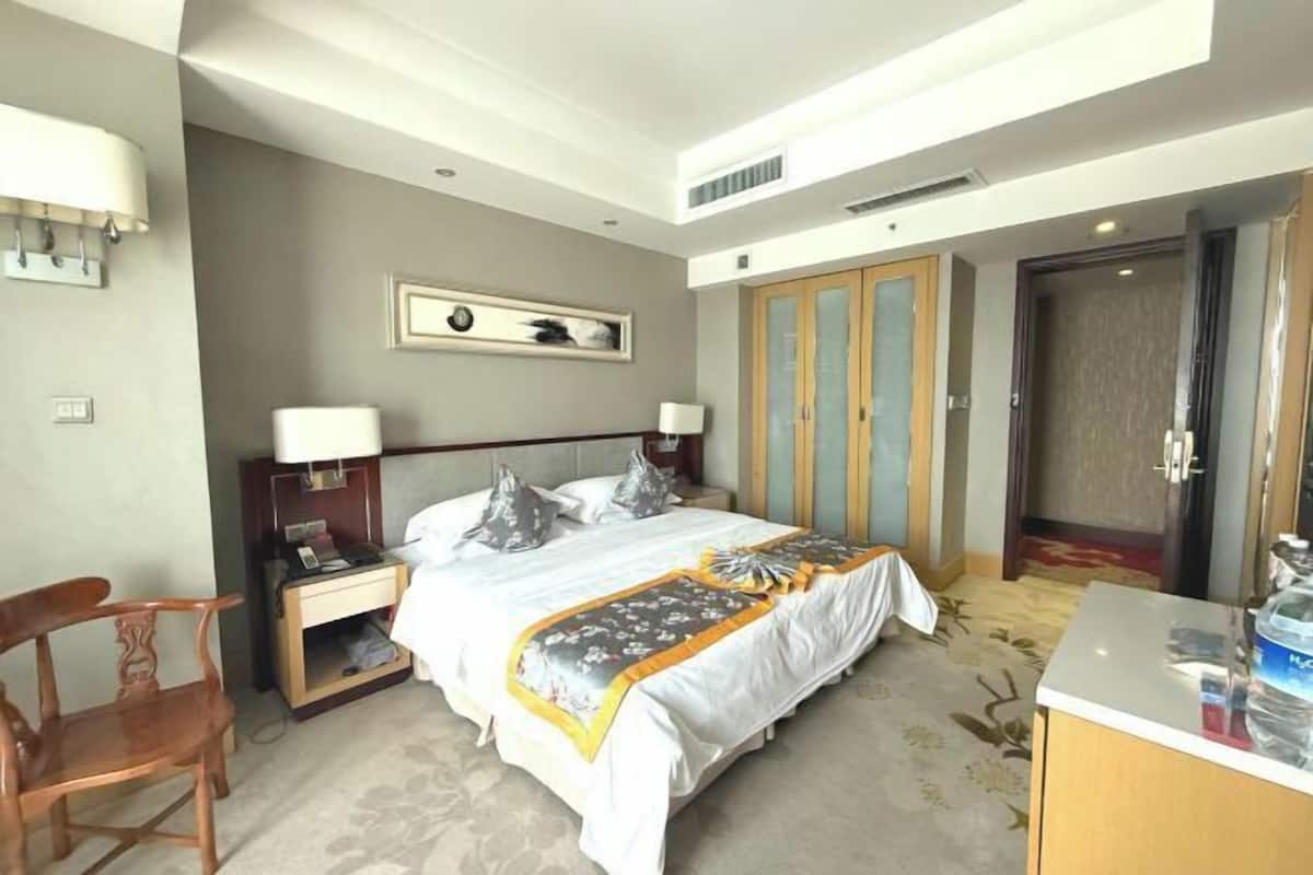 Habitación de hotel con cama, mesitas de noche, una silla, escritorio, armario y puerta.