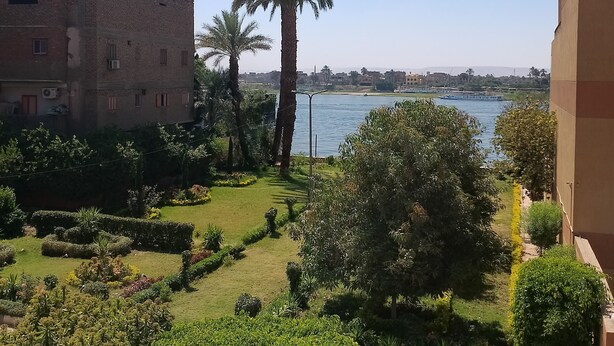 A view of a garden with palm trees and a body of water in the background. - Sofia Guest House (Luxor)