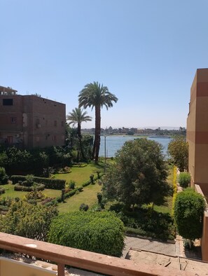 A view of a garden with palm trees and a body of water in the background. - Sofia Guest House (Luxor)