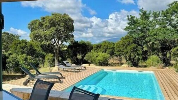 Un espace piscine doté d’une terrasse en bois, de chaises longues et offrant une vue sur les arbres et le ciel.
