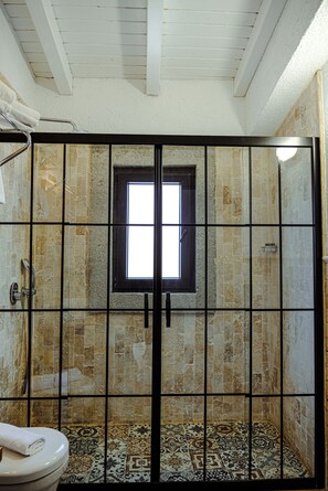 A bathroom with a shower enclosure, a window, and a toilet. - Piraye Alaçatı (Cesme)