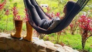 A person relaxing in a hammock under a thatched roof, overlooking a lush green landscape. - Finca de la Vaca - Casa el Mirador (Cumandá)
