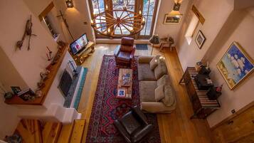 Smart TV, chimenea, reproductor de DVD y libros