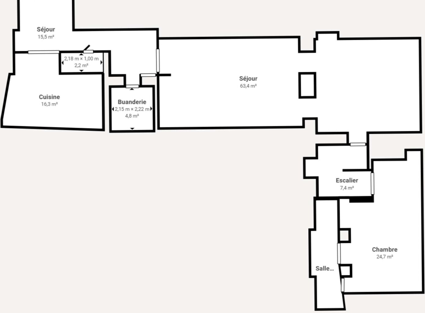A floor plan with a living room (15.5 m²), kitchen (16.3 m²), storage room (4.8 m²), dining area (63.4 m²), staircase (7.4 m²), bedroom (24.7 m²), and a bathroom (not visible).