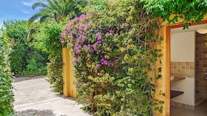 Un chemin mène à une salle de bain dotée d’une douche carrelée, entourée d’une végétation luxuriante et de plantes en fleurs.