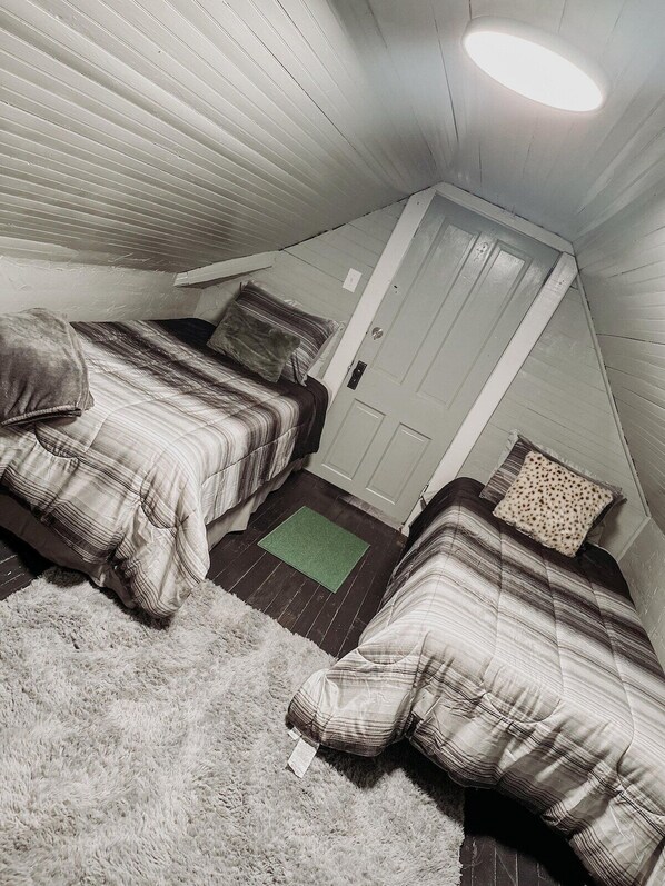 A small, triangular attic bedroom with two beds, a door, and a skylight. - Historic 11BR Home – Ride to Hatfield-McCoy - Historic 11BR Home – Ride to Hatfield-McCoy (Williamson)