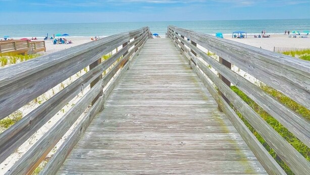 A wooden boardwalk leading to a beach with umbrellas and people in the distance. - Seaside Inn - in Litchfield (Pawleys Island)