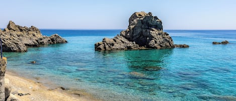 On the beach, sun-loungers