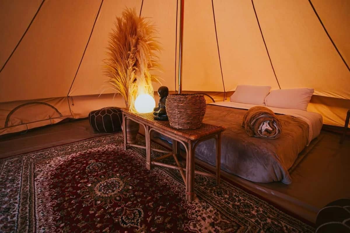 Interior acogedor de una carpa con una cama, una mesa con una lámpara y una planta decorativa.