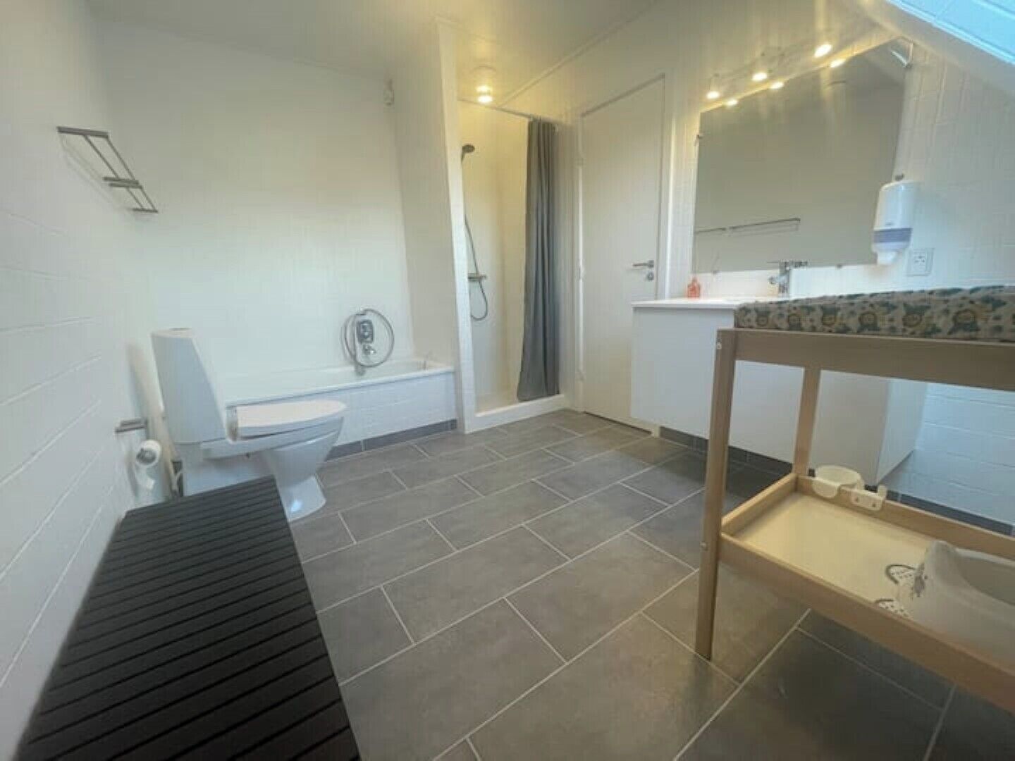 Hair dryer, towels, toilet paper