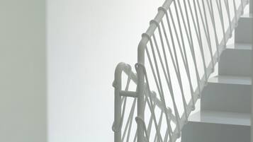 Un escalier avec des rampes et des marches blanches.