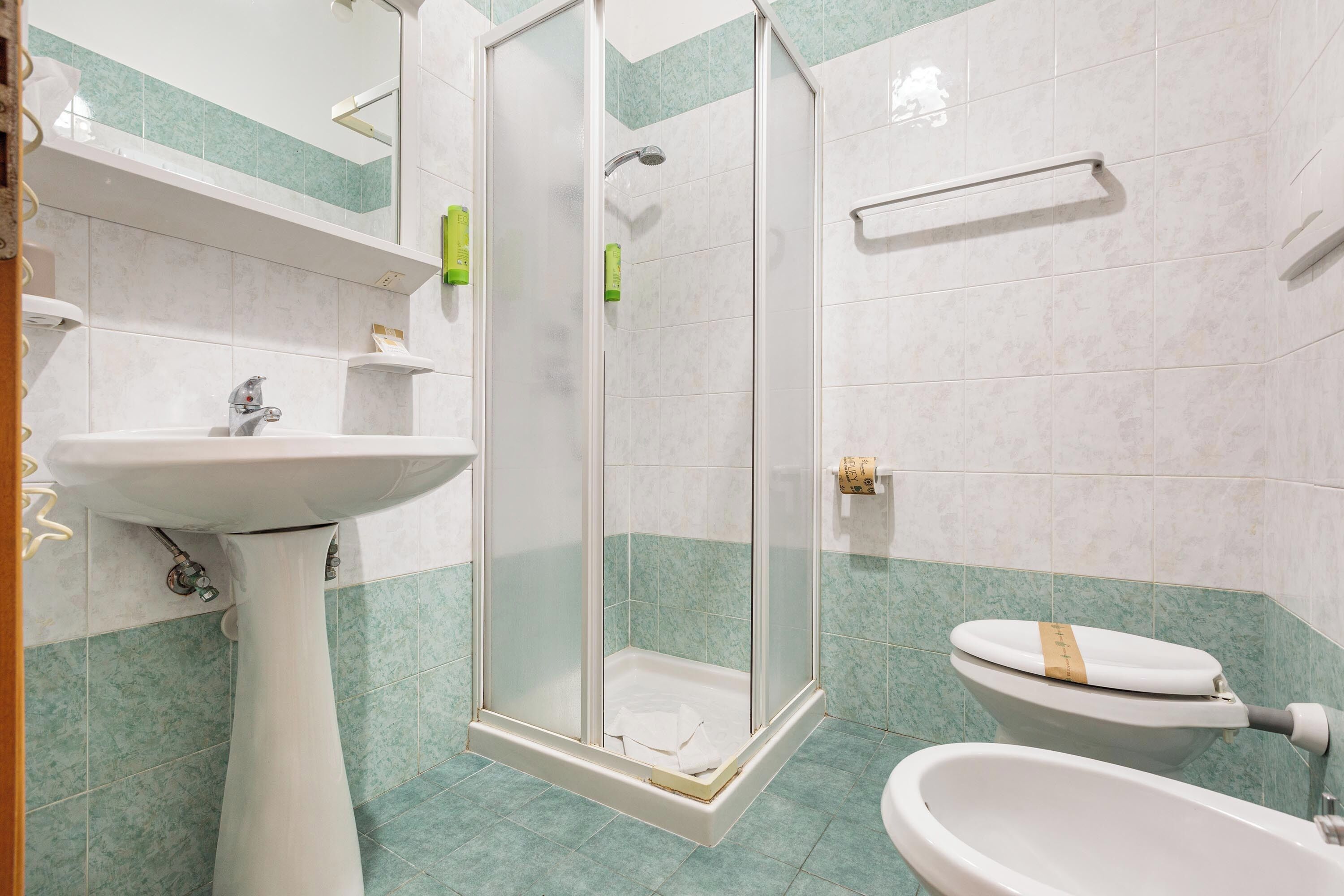 Een badkamer met een wastafel op een voetstuk, een douche met glazen wanden en een toilet met een handdoekhouder.