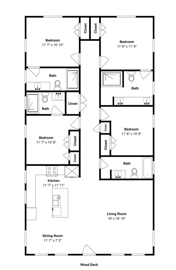 A floor plan with multiple bedrooms, a kitchen, a dining room, a living room, and a wood deck. - Wash Away the Blues by Silver Sands Vacation Rentals (Port Aransas)