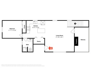 A floor plan with a bedroom, kitchen, bathroom, pantry, and living room. - The Bungalow by Ruidoso Vacation Rentals (Ruidoso)